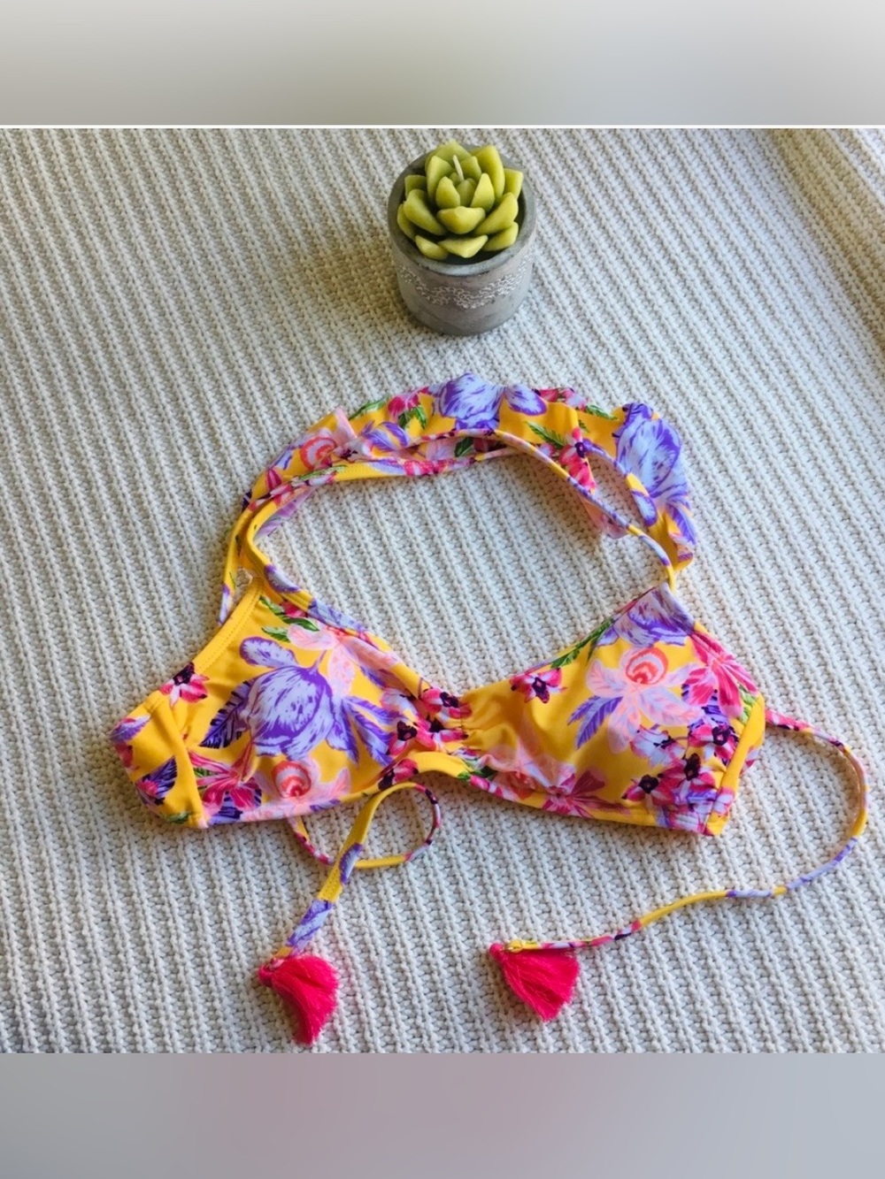 Yellow Floral Bikini Top with Tassles